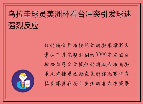 乌拉圭球员美洲杯看台冲突引发球迷强烈反应