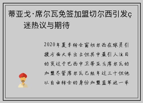 蒂亚戈·席尔瓦免签加盟切尔西引发球迷热议与期待 蒂亚戈·席尔瓦免签加盟切尔西引发球迷热议与期待